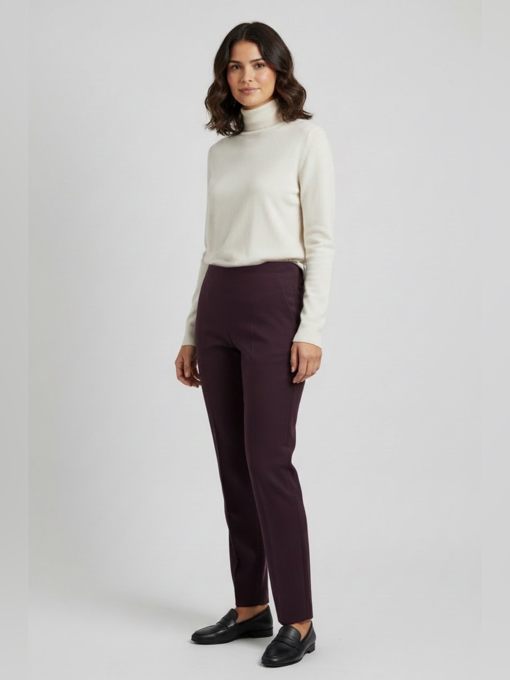AKRIS Women’s Virgin Wool Flat Front Dress Pants in Deep Plum Size 2 pull on zip